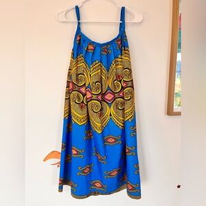 Vibrant Blue and Gold Patterned Women’s Dress. Hand made